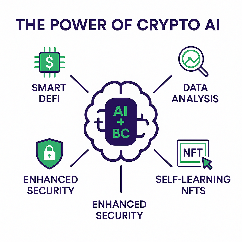Infographic minh họa các ứng dụng của crypto AI tiềm năng trong thực tế.