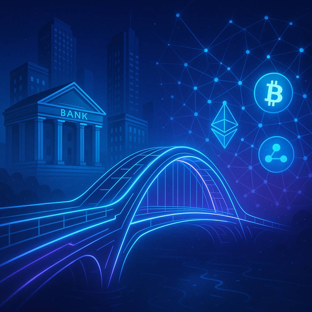 Hình ảnh cây cầu công nghệ minh họa cho việc token hóa tài sản thực kết nối tài chính truyền thống và DeFi.